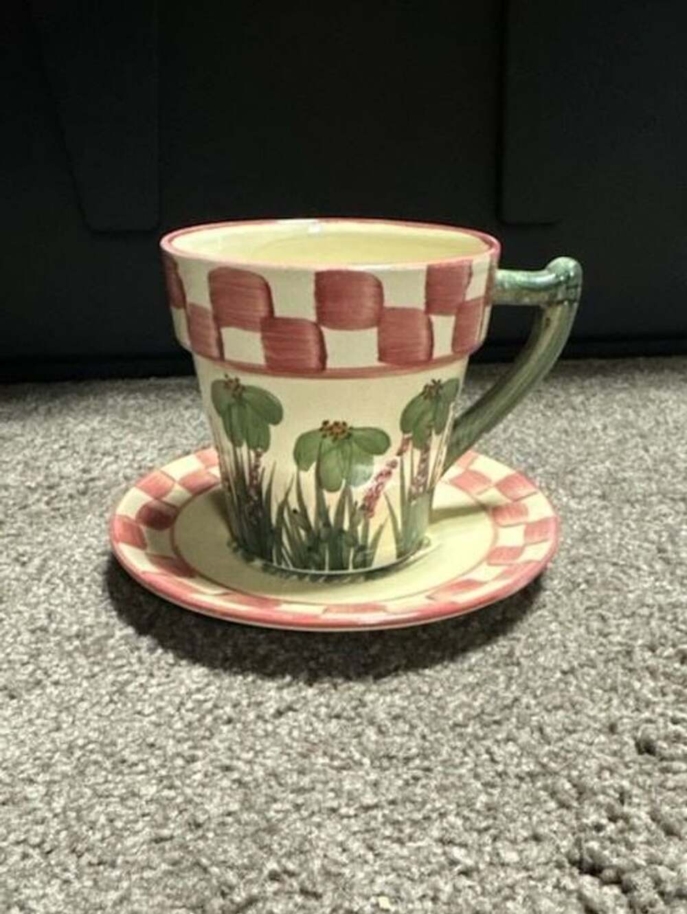 VTG C.M.I. Hand-Painted Ceramic Floral Mug and Saucer Set w/Checkerboard Rim.